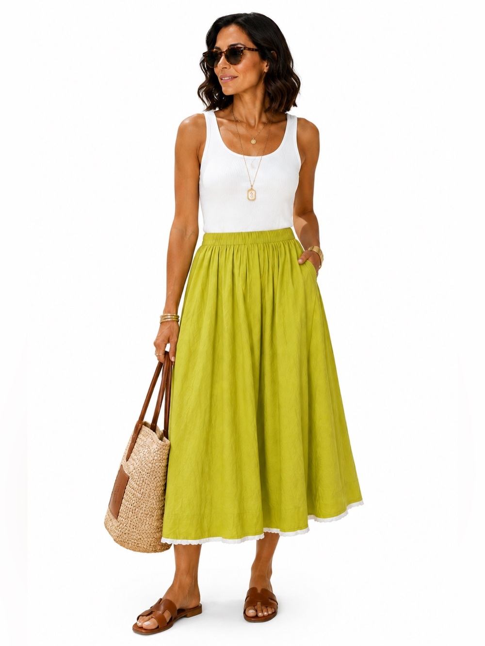 ENTRO Chartreuse Lined Maxi Skirt | White Petal Hem | Elastic Waist